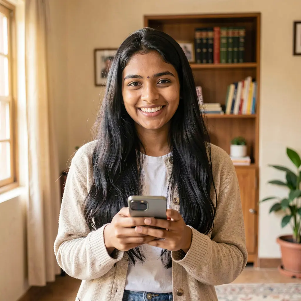 JYJILL App – Enjoy smooth and reliable casino gameplay on your mobile device Confident Bangladeshi woman smiling while using the JYJILL casino app on her smartphone in a cozy indoor setting