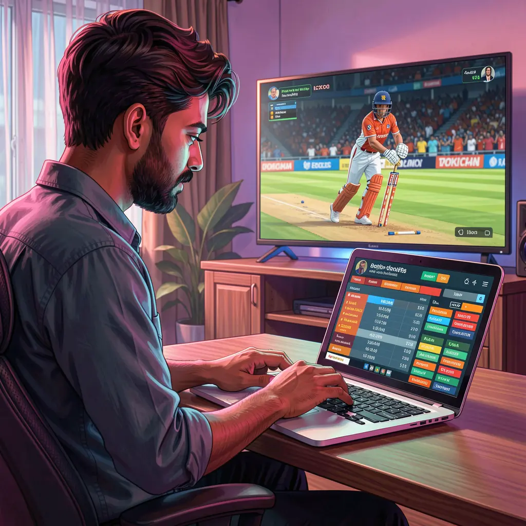 JYJILL Bet – Experience real time sports betting excitement in Bangladesh Focused Bangladeshi sports bettor analyzing live cricket odds on a laptop with the JYJILL betting platform while watching a match on TV