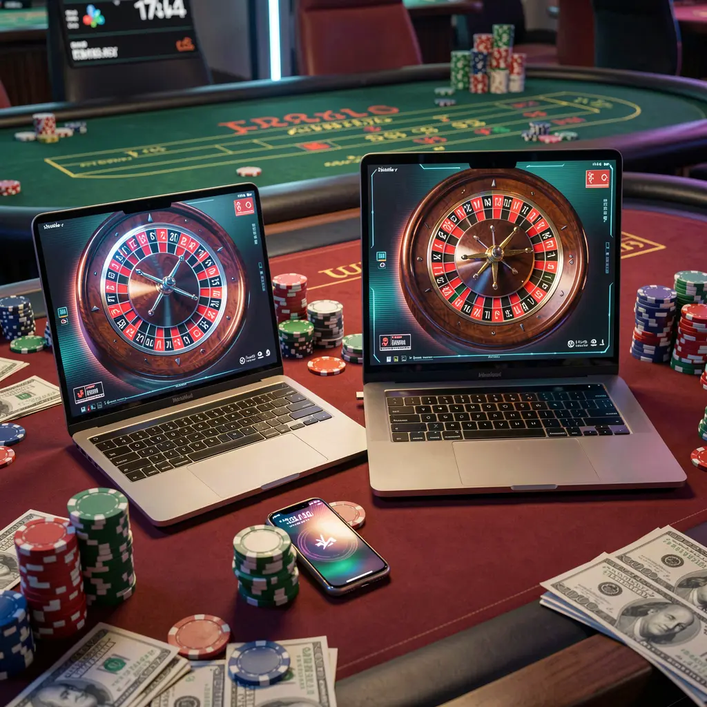 JYJILL – Experience immersive online casino games anytime in Bangladesh Digital roulette tables displayed on a laptop and smartphone surrounded by casino chips showcasing the immersive online gaming environment of JYJILL in Bangladesh
