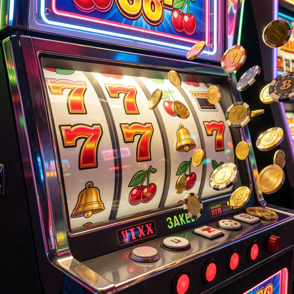 JYJILL – Experience thrilling slot wins and nonstop excitement Glowing classic slot reels showing triple sevens with flying coins creating a jackpot atmosphere on JYJILL online casino platform
